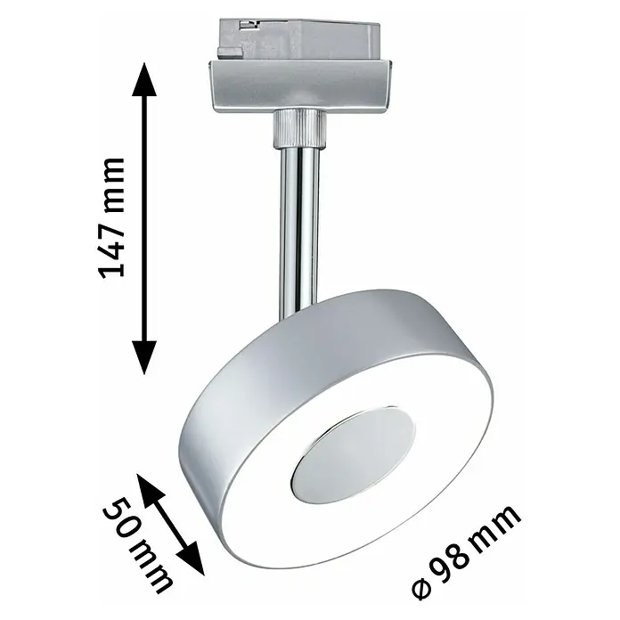 Paulmann URail LED-Spot Circle - 5 W, Chrom matt, Warmweiß - Produktbild einer silbernen LED-Deckenleuchte mit den Maßen 147 mm Höhe, 50 mm Tiefe und 98 mm Durchmesser.