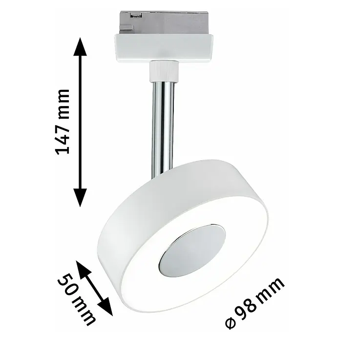 Paulmann URail LED-Spot Circle - 5 W, Weiß, Warmweiß - Abbildung einer weißen LED-Deckenleuchte mit den Maßen 147 mm Höhe, 98 mm Durchmesser und 50 mm Tiefe.