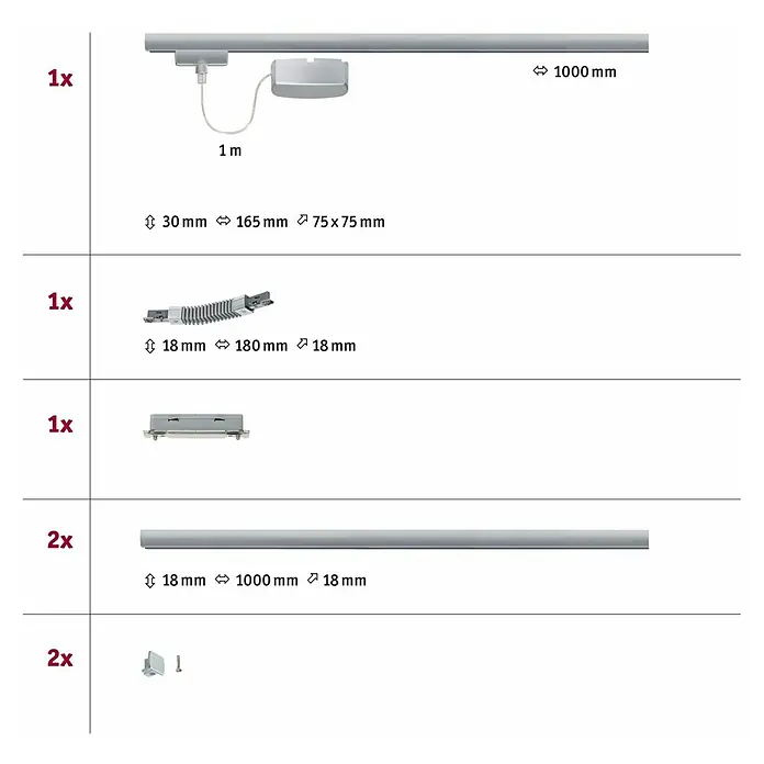 Paulmann URail Basis-Set - 3,1 m, Metall, Max. Leistung: 1.000 W - Abbildung von verschiedenen Komponenten für eine Schienenleuchte, inklusive Schiene, Verbinder und Befestigungsmaterial.