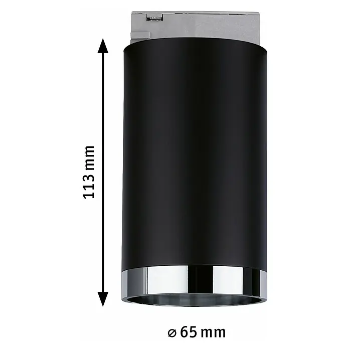 Paulmann URail LED-Spot Tube - Schwarz, Chrom, GU10, Ø x H: 6,5 x 11,2 cm - Nahaufnahme einer schwarzen, zylindrischen Deckenleuchte mit silbernem Akzent am unteren Rand, die Abmessungen zeigt.