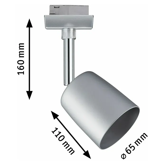 Paulmann URail LED-Spot Cover - 10 W, Chrom, GU10 - Produktbild einer modernen, silbernen Deckenleuchte mit Angabe der Maße: 160 mm Höhe, 110 mm Länge und 65 mm Durchmesser.