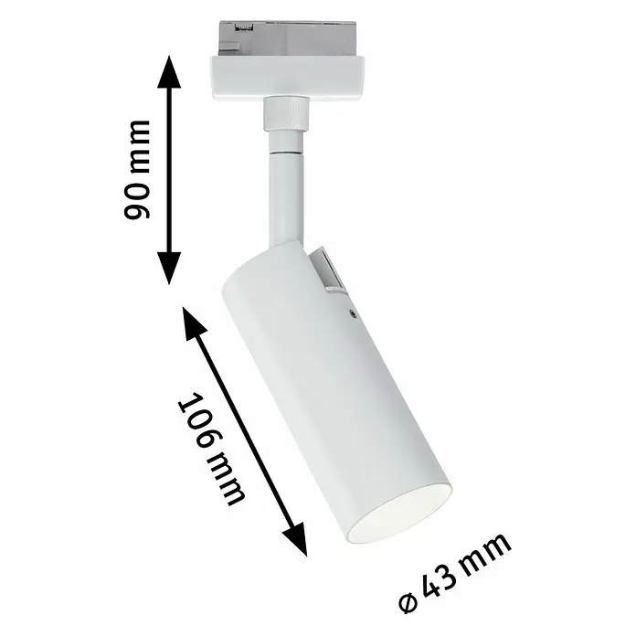 Paulmann URail LED-Spot Tubo - 5 W, L x B x H: 105 x 42 x 196 mm, Weiß, Warmweiß - Das Bild zeigt einen weißen Strahler mit Größenangaben: 90 mm hoch, 106 mm lang und einem Durchmesser von 43 mm.