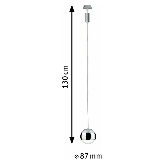 Paulmann URail LED-Pendelleuchte Capsule II - Warmweiß, Chrom, Ø x H: 8,7 x 130 cm - Produktbild einer Pendelleuchte mit den Maßen 130 cm Höhe und 87 mm Durchmesser. Moderne Beleuchtung für stilvolle Akzente im Raum.