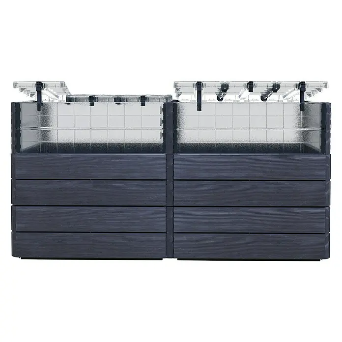 Garantia Hochbeet Ergo Quadro Turbo Plus 2 L - 80 x 80 x 80 cm, Kunststoff, Holzoptik - Das Bild zeigt einen doppelten, erhöhten Pflanzkasten mit einem klaren Aufsatz für Gewächshausbedingungen und einem dunklen Holzrahmen.