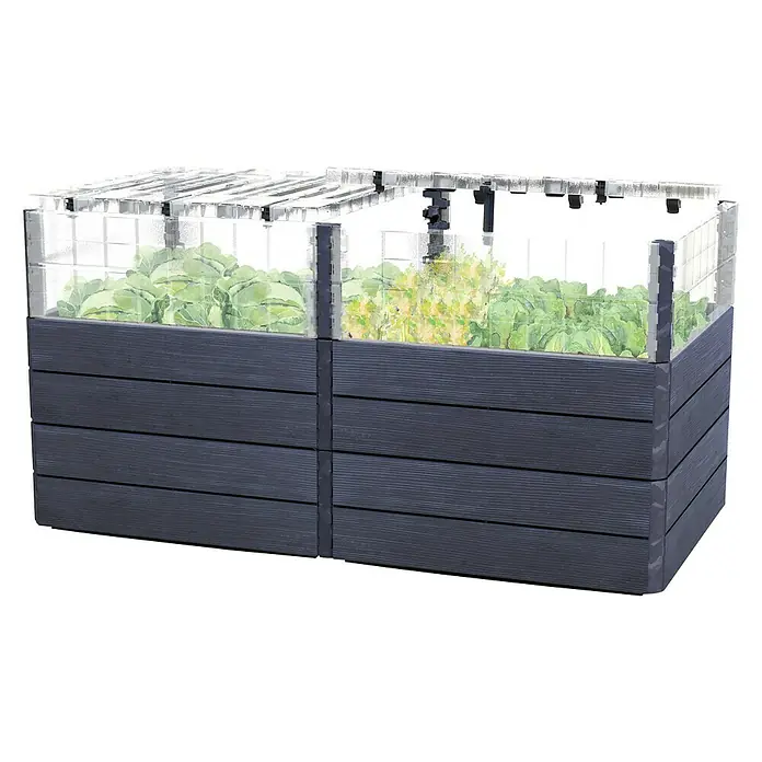Garantia Hochbeet Ergo Quadro Turbo Plus 2 L - 80 x 80 x 80 cm, Kunststoff, Holzoptik - Ein erhöhter, dunkelgrauer Pflanzkasten mit transparentem Deckel, gefüllt mit üppigen Pflanzen. Ideal für den Garten oder Balkon.