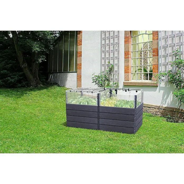 Garantia Hochbeet Ergo Quadro Turbo Plus 2 L - 80 x 80 x 80 cm, Kunststoff, Holzoptik - Das erhöhte Beet aus grauem Holz mit durchsichtigem Deckel bietet eine stilvolle Möglichkeit, Gemüse und Kräuter im Garten anzubauen.