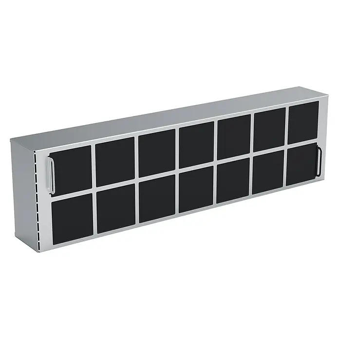 Mepamsa Filtro de carbón activo para campanas - Plástico, Número de componentes: 1 ud., Específico para: campanas Indu Pro - Imagen de un purificador de aire plateado con filtros negros alojados en una unidad rectangular, garantizando aire limpio.