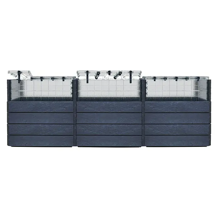 Garantia Hochbeet ERGO QUADRO TurboPlus U - 240 x 160 x 80 cm, Kunststoff, Steinoptik - Ein rechteckiger, erhöhter Pflanzkasten mit einer durchsichtigen Abdeckung ist auf einem schwarzen Hintergrund abgebildet.