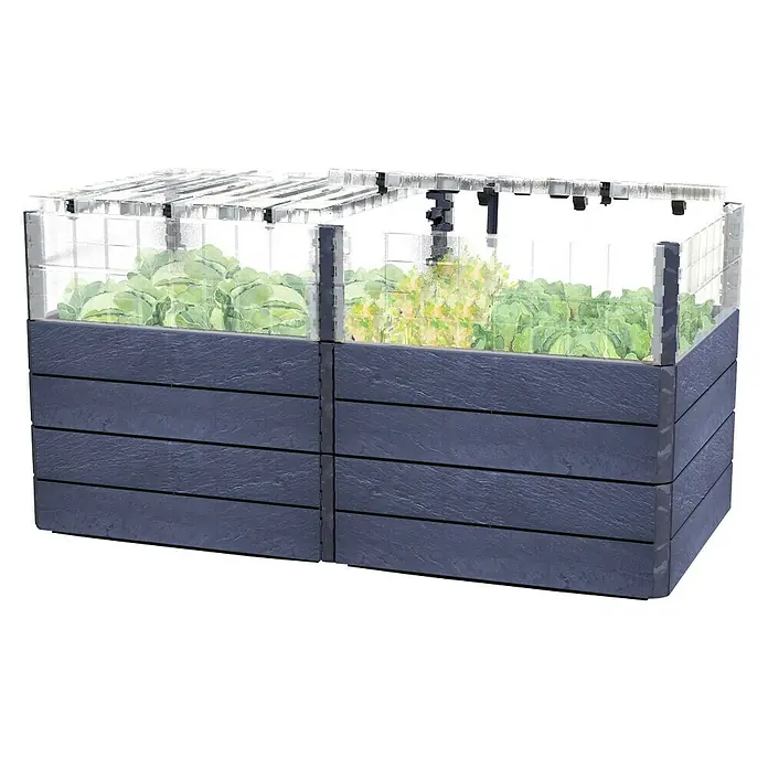 Garantia Hochbeet Ergo Quadro Turbo Plus 2 L - 80 x 80 x 80 cm, Kunststoff, Steinoptik - Dieses Bild zeigt ein Hochbeet mit einem transparenten Gewächshausaufsatz, in dem grüne Pflanzen wachsen. Ideal für den Gartenanbau.