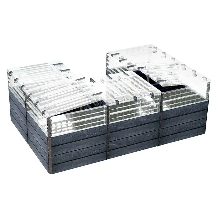 Garantia Hochbeet ERGO QUADRO TurboPlus U - 240 x 160 x 80 cm, Kunststoff, Steinoptik - Nahaufnahme einer modernen, modularen Hochbeet-Konstruktion mit transparenten Aufsätzen und dunklen Holzpaneelen.