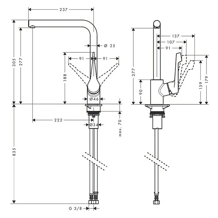 Hansgrohe Grifo de cocina Cento L - Cromo, Resplandeciente - Dibujo técnico de un grifo con dimensiones.