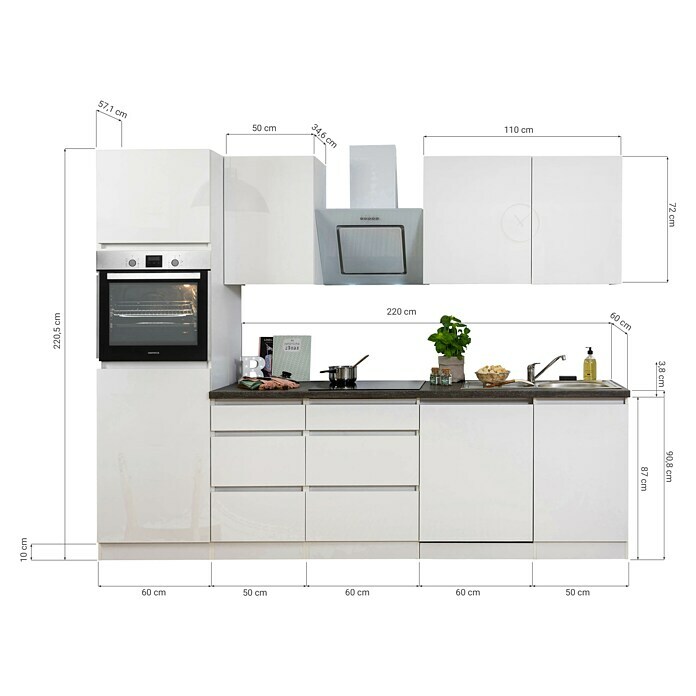 Respekta Premium Küchenleerblock Lorena (Breite: 280 cm, Weiß, Matt, Dekor Arbeitsplatte: Steinoptik, Ohne Elektrogeräte) | BAUHAUS