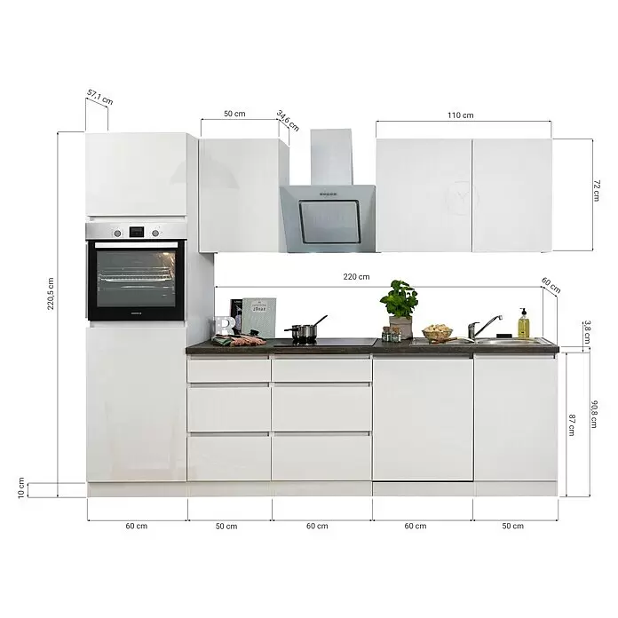 Respekta Premium Küchenleerblock Lorena - Breite: 280 cm, Weiß, Hochglänzend, Dekor Arbeitsplatte: Steinoptik, Ohne Elektrogeräte - Skizze