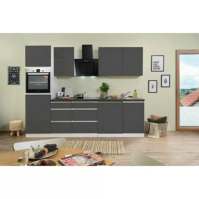Respekta Premium Küchenleerblock Lorena - Breite: 280 cm, Grau, Hochglänzend, Dekor Arbeitsplatte: Steinoptik, Ohne Elektrogeräte - Dunkelgraue Einbauküche mit integriertem Backofen, Kochfeld, Dunstabzugshaube und Spüle in modernem Design.