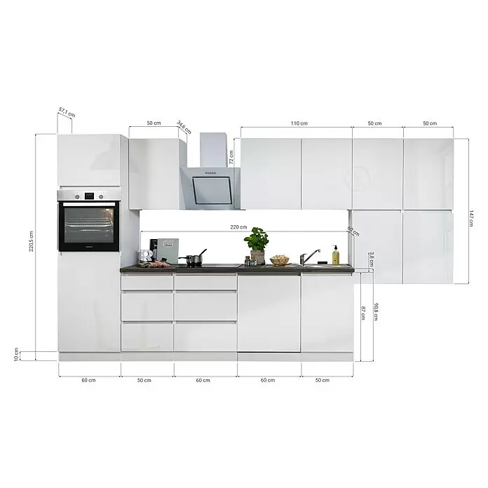 Respekta Premium Küchenleerblock Lorena - Breite: 380 cm, Weiß, Hochglänzend, Dekor Arbeitsplatte: Steinoptik, Ohne Elektrogeräte - Skizze