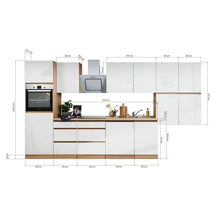 Respekta Premium Küchenleerblock Lorena - Breite: 380 cm, Grau, Dekor Arbeitsplatte: Holzoptik, Hochglänzend, Ohne Elektrogeräte - Skizze