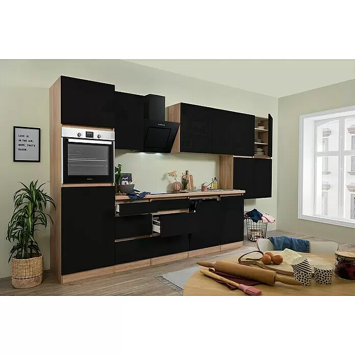 Respekta Premium Küchenleerblock Lorena - Breite: 380 cm, Schwarz, Dekor Arbeitsplatte: Holzoptik, Hochglänzend, Ohne Elektrogeräte - Stimmungsaufnahme