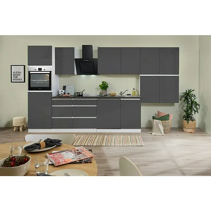 Respekta Premium Küchenleerblock Lorena - Breite: 380 cm, Grau, Hochglänzend, Dekor Arbeitsplatte: Steinoptik, Ohne Elektrogeräte - Eine moderne Küche mit grauen Schränken, einer Dunstabzugshaube und einem integrierten Backofen, die Funktionalität und Stil vereint.