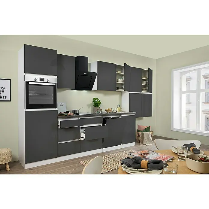 Respekta Premium Küchenleerblock LorenaBreite: 380 cm, Grau, Hochglänzend, Dekor Arbeitsplatte: Steinoptik, Ohne Elektrogeräte - Moderne Küche mit grauen Schränken und weißen Elementen, die eine elegante und funktionale Raumlösung bietet.