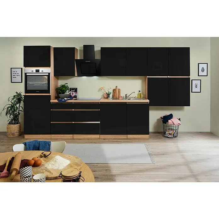Respekta Premium Küchenleerblock Lorena - Breite: 380 cm, Schwarz, Dekor Arbeitsplatte: Holzoptik, Hochglänzend, Ohne Elektrogeräte - Moderne schwarze Küche mit Holzelementen, die eine elegante und stilvolle Atmosphäre schafft. Perfekt für kulinarische Erlebnisse.