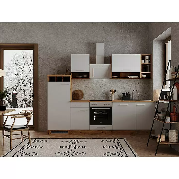 Respekta Küchenleerblock Hilde - Breite: 280 cm, Weiß, Matt, Holzoptik, Ohne Elektrogeräte - Moderne Küche mit weißen Schränken, Holzdetails und hellgrauen Arbeitsplatten, inklusive Geräten.
