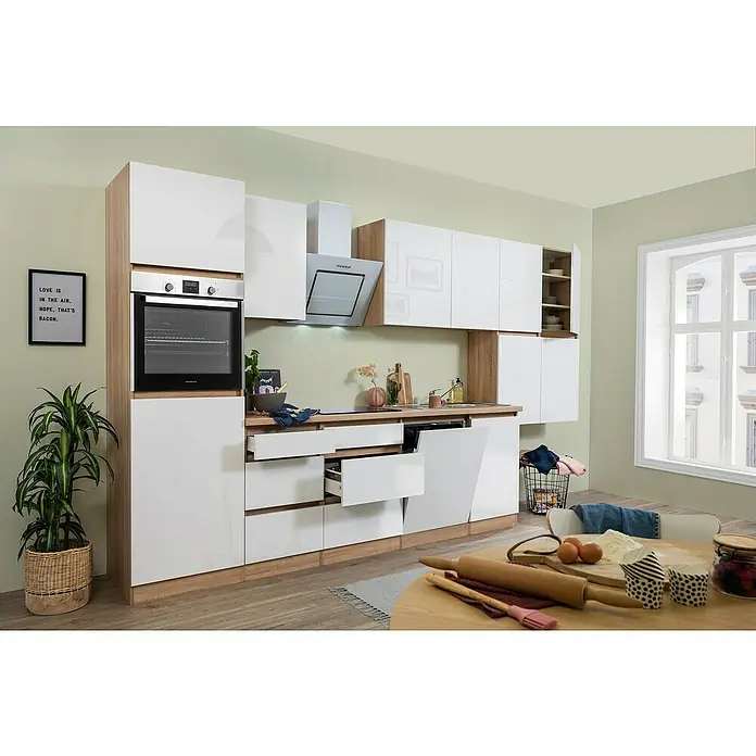 Respekta Premium Küchenleerblock Lorena - Breite: 380 cm, Weiß, Dekor Arbeitsplatte: Holzoptik, Hochglänzend, Ohne Elektrogeräte - Eine moderne Küche in Weiß und Holzoptik mit eingebautem Ofen und offenen Schubladen. Helle und freundliche Atmosphäre.