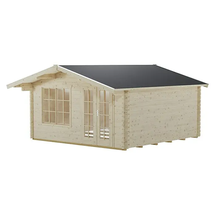 SKAN HOLZ Gartenhaus Stavanger 2 - Außenmaß inkl. Dachüberstand (B x T): 420 x 480 cm, Holz, Natur - Abgebildetes Holzgartenhaus mit Fenster und Doppeltür unter einem schwarzen Dach bietet rustikalen Charme und praktischen Stauraum im Freien.