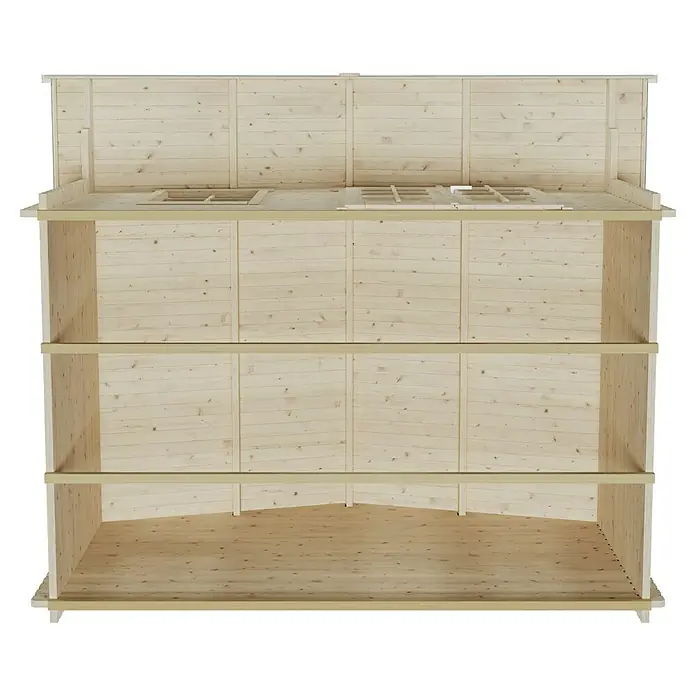 SKAN HOLZ Gartenhaus Langesund 1 - Außenmaß inkl. Dachüberstand (B x T): 380 x 350 cm, Holz, Natur - Innenansicht eines Holzhauses mit mehreren Etagen und hellen Holzoberflächen, die eine warme und einladende Atmosphäre schaffen.
