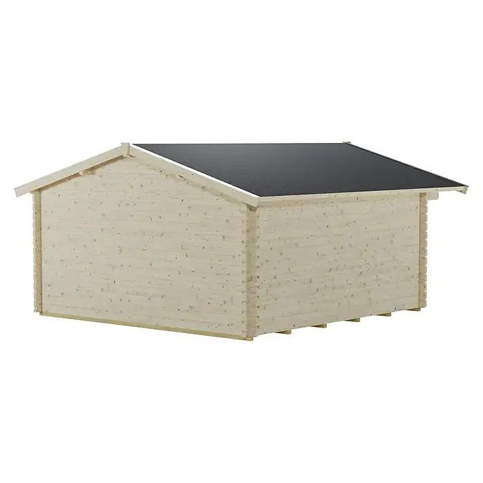 SKAN HOLZ Gartenhaus Stavanger 2 - Außenmaß inkl. Dachüberstand (B x T): 420 x 480 cm, Holz, Natur - Außenansicht eines Holzschuppens mit schwarzem Dach, der durch seine robuste Bauweise und sein natürliches Aussehen besticht.