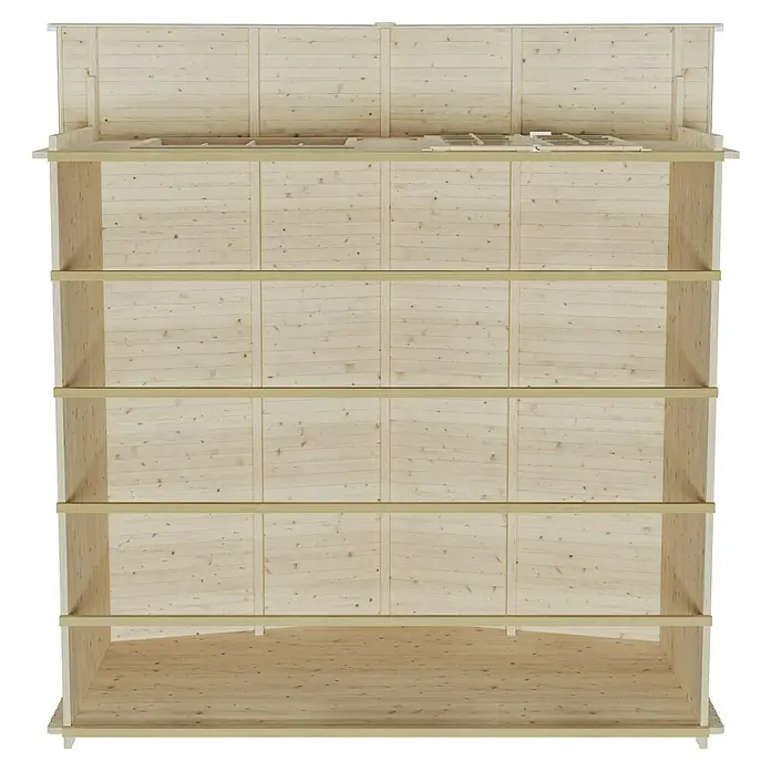 SKAN HOLZ Gartenhaus Stavanger 2 - Außenmaß inkl. Dachüberstand (B x T): 420 x 480 cm, Holz, Natur - Innenansicht eines unbehandelten Gartenhauses mit fünf Regalebenen, das viel Stauraum im Freien bietet. Holzstruktur mit hellem Naturton.