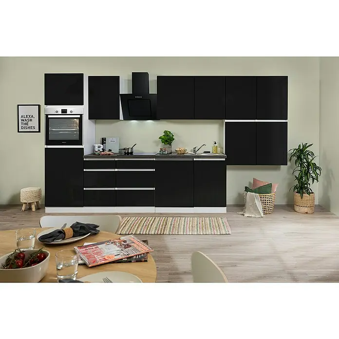 Respekta Premium Küchenleerblock Lorena - Breite: 380 cm, Schwarz, Hochglänzend, Dekor Arbeitsplatte: Steinoptik, Ohne Elektrogeräte - Elegante Küche mit schwarzen Schränken, weißen Akzenten und modernen Geräten, die eine stilvolle und funktionale Raumlösung bietet.