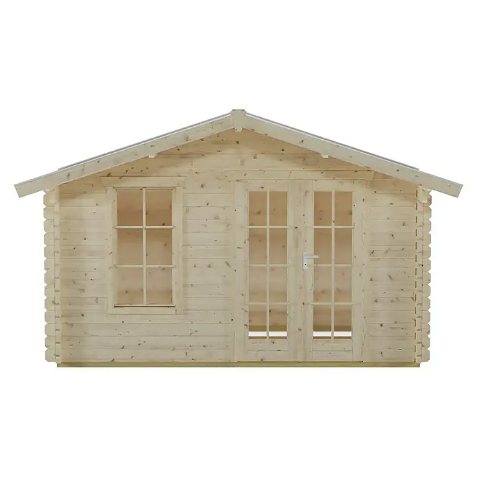SKAN HOLZ Gartenhaus Langesund 1 - Außenmaß inkl. Dachüberstand (B x T): 380 x 350 cm, Holz, Natur - Abgebildet ist ein helles Holzgartenhaus mit Fenster und Doppeltür. Das Gartenhaus hat ein spitzes Dach und eine klassische Blockhausoptik.