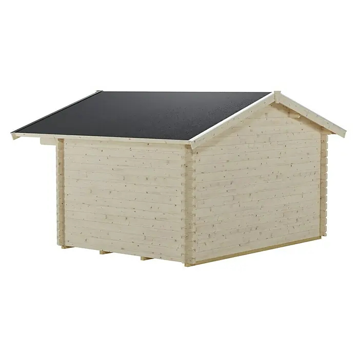 SKAN HOLZ Gartenhaus Langesund 1 - Außenmaß inkl. Dachüberstand (B x T): 380 x 350 cm, Holz, Natur - Eine Blockhütte mit schwarzem Dach und hellen Holzpaneelen. Die Hütte ist im Blockhausstil gebaut und wirkt stabil.