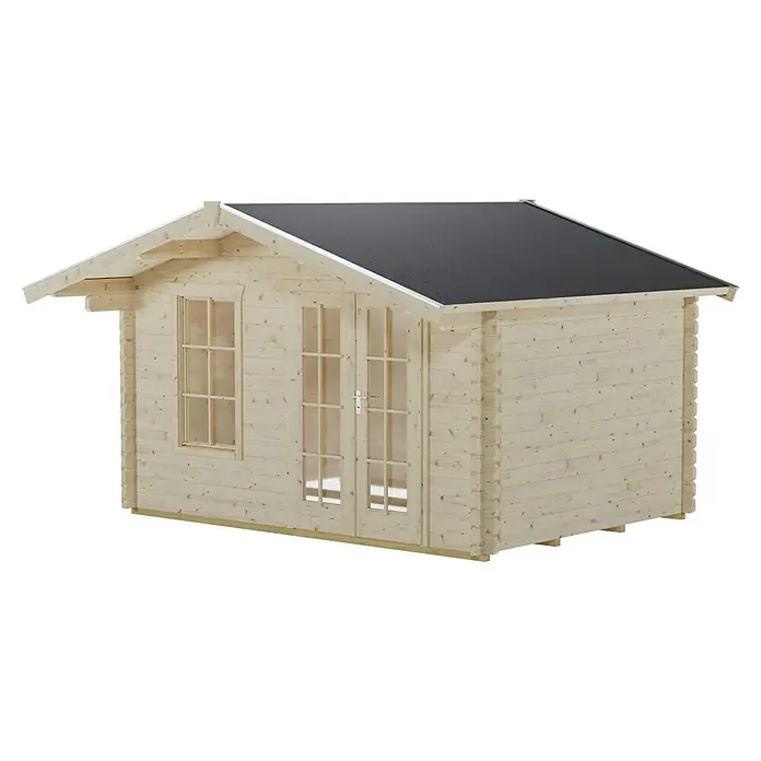 SKAN HOLZ Gartenhaus Langesund 1 - Außenmaß inkl. Dachüberstand (B x T): 380 x 350 cm, Holz, Natur - Abbildung eines Holzgartenhauses mit schwarzem Dach, das ein Gefühl von rustikalem Charme und Funktionalität vermittelt.