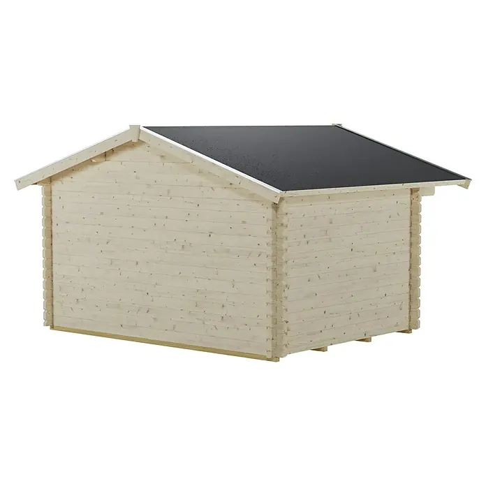 SKAN HOLZ Gartenhaus Langesund 1 - Außenmaß inkl. Dachüberstand (B x T): 380 x 350 cm, Holz, Natur - Das Bild zeigt ein Holzgartenhaus mit einem schwarzen Dach. Das Haus ist aus hellen Holzbalken gefertigt und hat eine einfache, rechteckige Form.