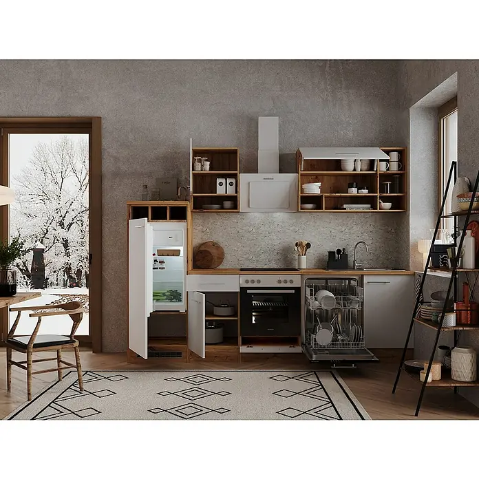 Respekta Küchenzeile Hilde - Breite: 280 cm, Weiß, Mit Elektrogeräten - Offene Küche mit integrierten Geräten und Regalen aus Holz. Die Geräte umfassen einen Kühlschrank, einen Geschirrspüler und einen Herd.