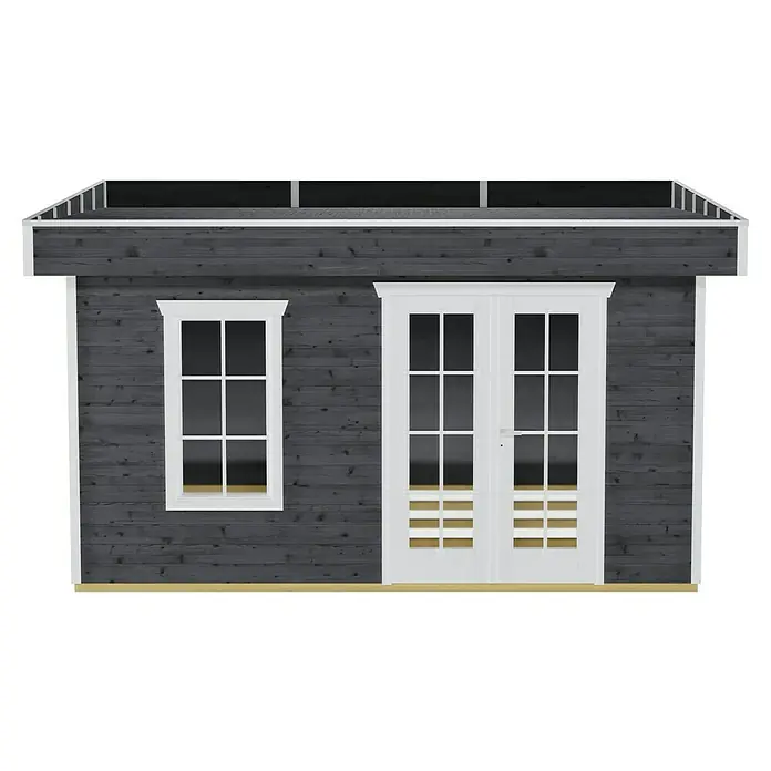 Skan Holz Gartenhaus Breda 2Außenmaß inkl. Dachüberstand (B x T): 420 x 440 cm, Holz, Schiefergrau - Abbildung eines modernen Gartenhauses in Anthrazit mit weißen Fenster- und Türrahmen. Das Haus verfügt über eine Doppeltür und ein Fenster.