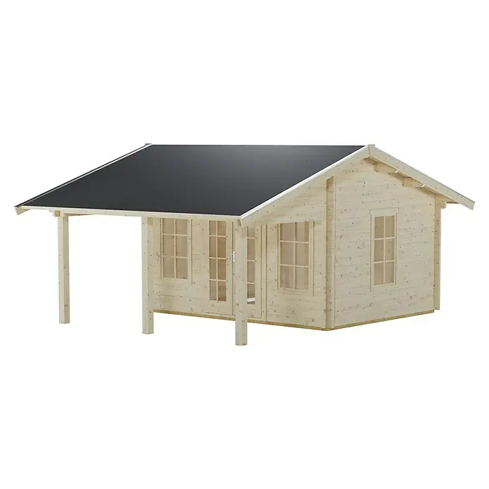 SKAN HOLZ Gartenhaus Luzern - Außenmaß inkl. Dachüberstand (B x T): 460 x 580 cm, Holz, Natur, 1 Lage Dachschalung - Detailaufnahme eines Holzhauses mit überdachtem Eingangsbereich, das durch seine natürliche Holzoptik und das schlichte Design besticht.