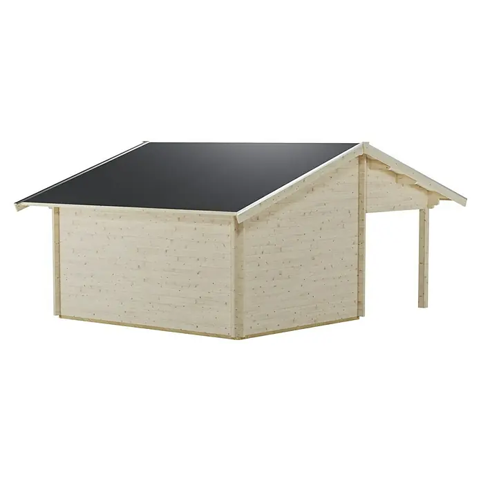 SKAN HOLZ Gartenhaus Luzern - Außenmaß inkl. Dachüberstand (B x T): 460 x 580 cm, Holz, Natur, 1 Lage Dachschalung - Dieses Bild zeigt ein Blockbohlenhaus mit Carport, das aus hellem Holz gefertigt ist und ein schwarzes Dach besitzt.