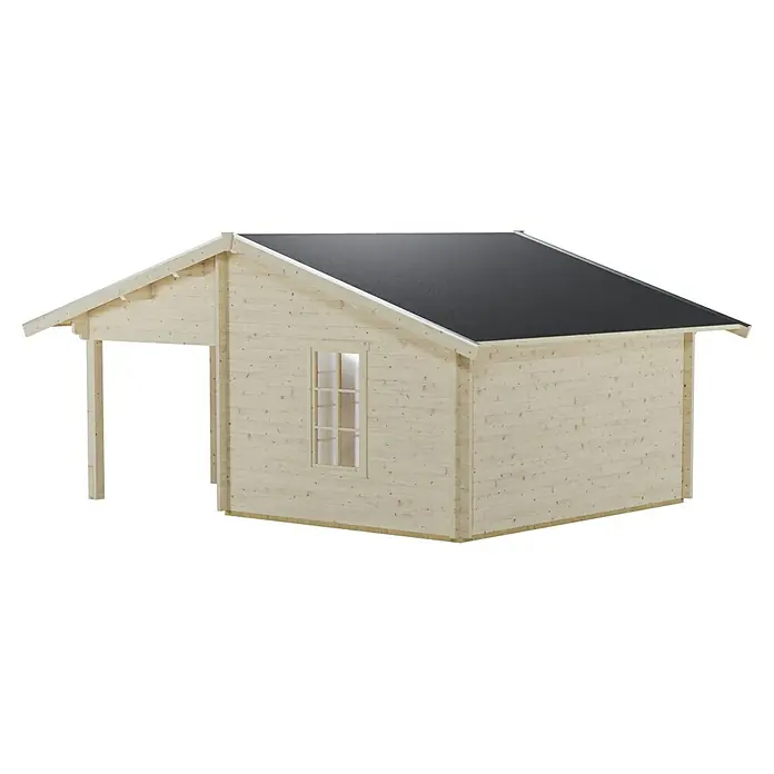 SKAN HOLZ Gartenhaus Luzern - Außenmaß inkl. Dachüberstand (B x T): 460 x 580 cm, Holz, Natur, 1 Lage Dachschalung - Außenansicht eines hellen Holz-Gartenhauses mit dunklem Dach, das vielseitige Nutzungsmöglichkeiten bietet.