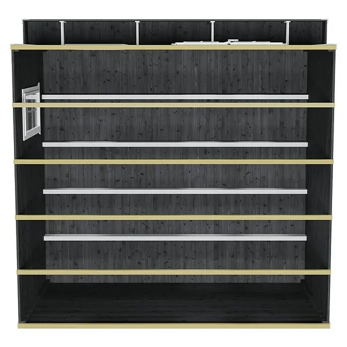 SKAN HOLZ Gartenhaus Breda 2 - Außenmaß inkl. Dachüberstand (B x T): 420 x 440 cm, Holz, Schiefergrau - Innenansicht eines Lagerschuppens mit Holzregalen in verschiedenen Höhen, die Stauraum bieten.