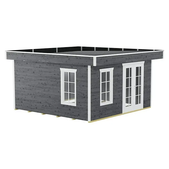 Skan Holz Gartenhaus Breda 2Außenmaß inkl. Dachüberstand (B x T): 420 x 440 cm, Holz, Schiefergrau - Dieses Bild zeigt ein modernes Gartenhaus in Anthrazitgrau mit weißen Fensterrahmen, ideal für den Garten.