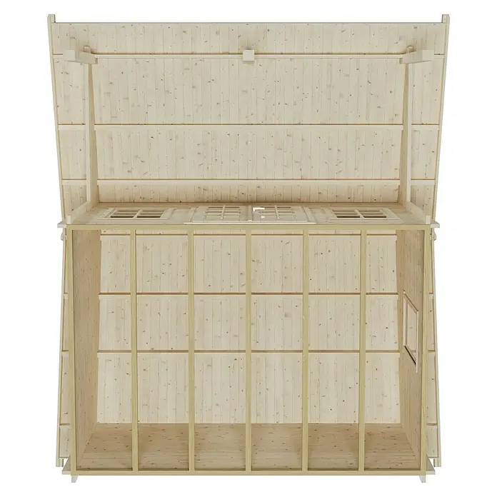 SKAN HOLZ Gartenhaus Luzern - Außenmaß inkl. Dachüberstand (B x T): 460 x 580 cm, Holz, Natur, 1 Lage Dachschalung - Innenansicht eines Holzgartenhauses mit Rahmen und Dach. Die Holzkonstruktion ist hell und unbehandelt.