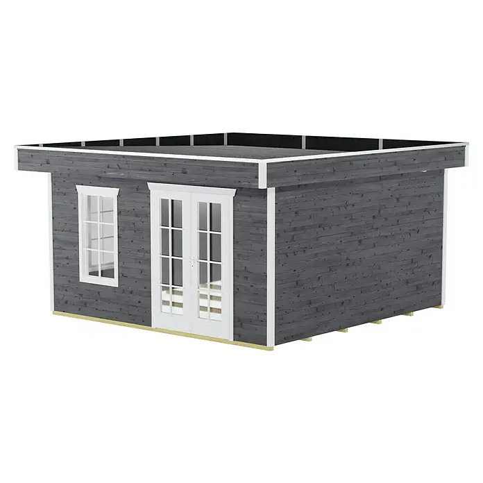 Skan Holz Gartenhaus Breda 2Außenmaß inkl. Dachüberstand (B x T): 420 x 440 cm, Holz, Schiefergrau - Das graue Gartenhaus mit weißen Akzenten bietet einen stilvollen und modernen Look für Ihren Garten.