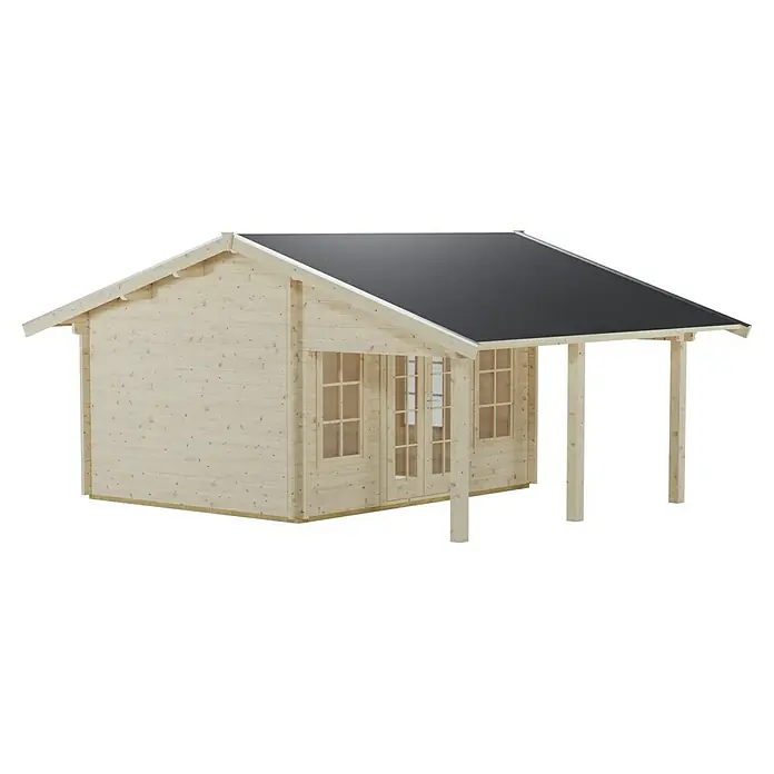 SKAN HOLZ Gartenhaus Luzern - Außenmaß inkl. Dachüberstand (B x T): 460 x 580 cm, Holz, Natur, 1 Lage Dachschalung - Abbildung eines Holzgartenhauses mit überdachter Veranda und schwarzem Dach. Ideal für den Garten und zur Entspannung im Freien.
