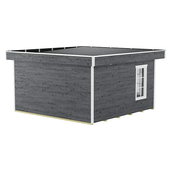 SKAN HOLZ Gartenhaus Breda 2 - Außenmaß inkl. Dachüberstand (B x T): 420 x 440 cm, Holz, Schiefergrau - Abbildung eines modernen, grauen Gartenhauses mit einem markanten weißen Fensterrahmen und einem flachen Dach, ideal für den Garten.