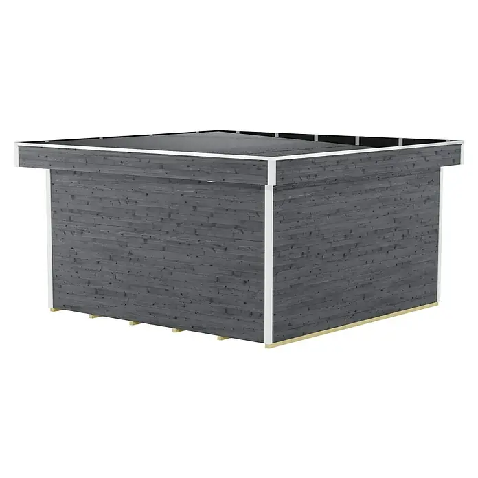 Skan Holz Gartenhaus Breda 2Außenmaß inkl. Dachüberstand (B x T): 420 x 440 cm, Holz, Schiefergrau - Das Bild zeigt eine graue Gartenhütte mit weißem Rahmen, die auf Holzunterlagen steht. Das Flachdach der Hütte ist dunkel und die Wände bestehen aus Holzbrettern.