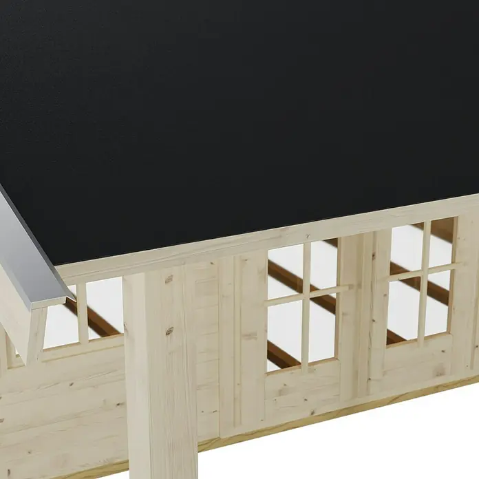 SKAN HOLZ Gartenhaus Luzern - Außenmaß inkl. Dachüberstand (B x T): 460 x 580 cm, Holz, Natur, 1 Lage Dachschalung - Detailaufnahme einer Holzgartenlaube mit schwarzem Dach und weißen Fensterrahmen, die die natürliche Holzstruktur hervorhebt.