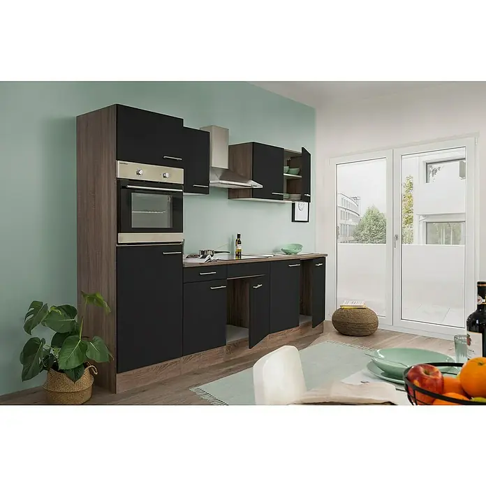 Respekta Küchenleerblock Oliver - Breite: 270 cm, Schwarz, Ohne Elektrogeräte - Elegante Küchenzeile in Schwarz und Holzoptik mit integriertem Backofen und Dunstabzugshaube. Moderne Küchenausstattung für stilvolles Wohnen.