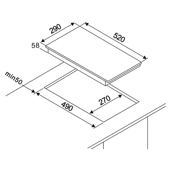 Respekta Kochfeld Ben - Anzahl Normalkochstellen: 2 Stk. - Produktansicht mit Maßangaben: Kochfeld mit den Maßen 520 x 290 mm, Ausschnitt 490 x 270 mm, Mindestabstand 50 mm.